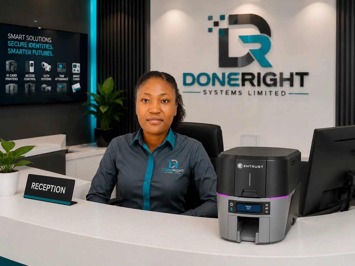 Doneright Systems team members working at their Lusaka office on Cairo Road, Zambia With a FARGO DTC1250e