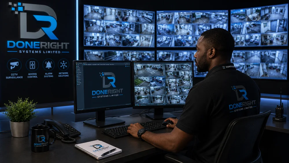 CCTV surveillance monitoring room with multiple security camera feeds on display