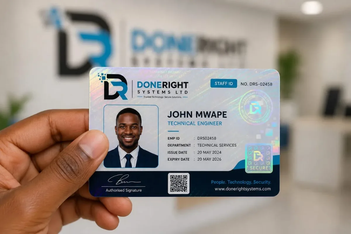 Doneright Systems staff ID card held in a professional office environment in Lusaka, Zambia