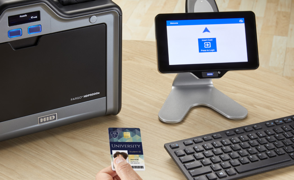 HDP ID card printer producing smartcards for secure identification and access control