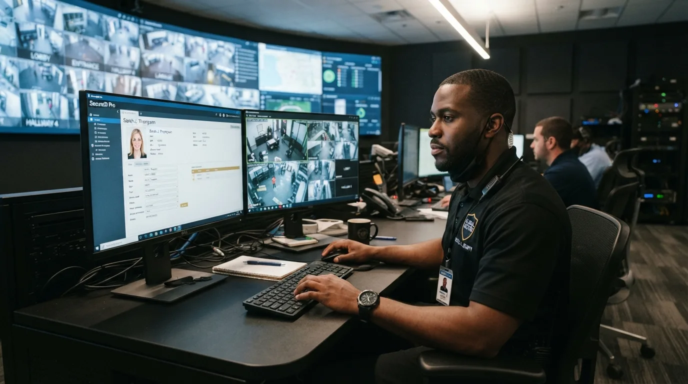 Security professional monitoring CCTV and surveillance systems at a Doneright client site